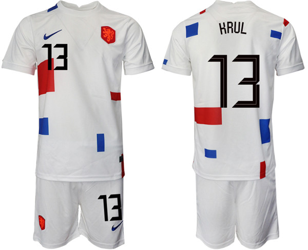 Men's Netherlands #13 Hrul White Away Soccer Jersey Suit